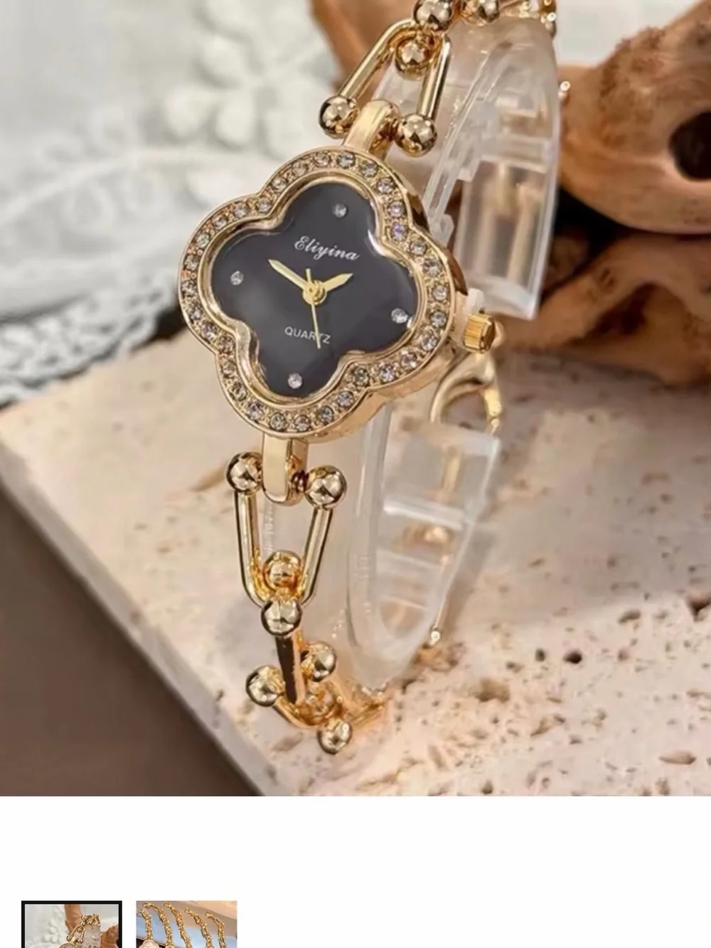 Women's Gold Tone Black Face Floral Quartz Bracelet Watch